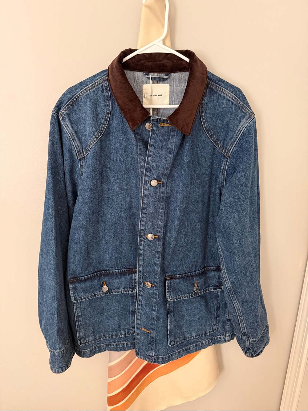 Everlane Denim Barn Jacket with Brown Corduroy Collar. Size L